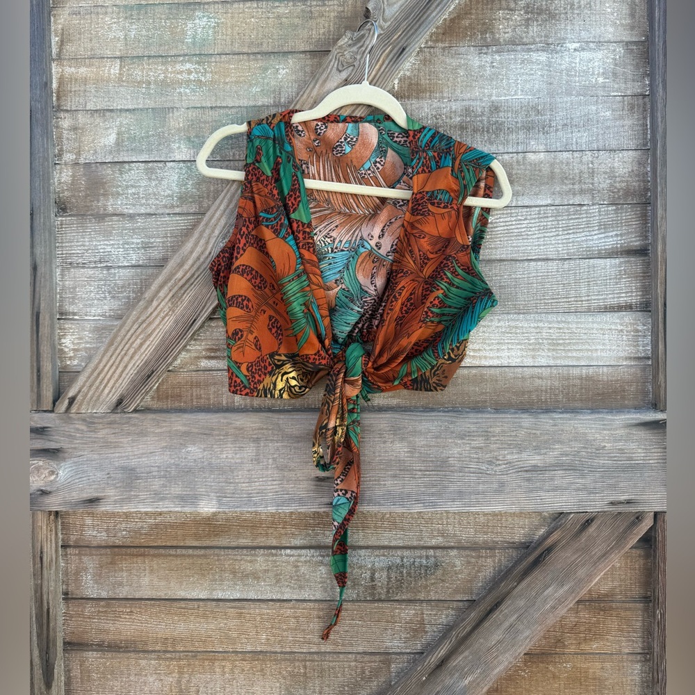 Tropical Tie-Front Crop Top - Green & Orange